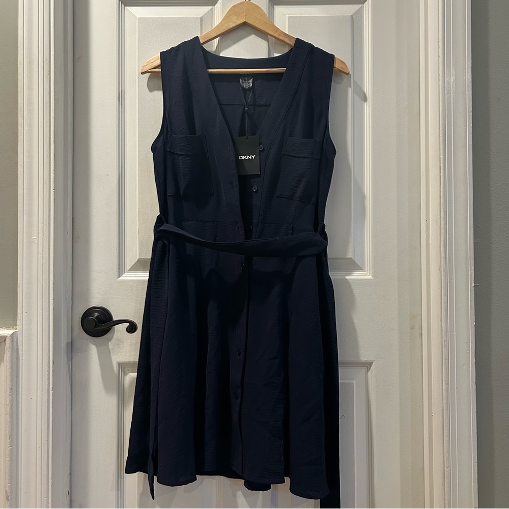 DKNY Womens Button Up Blue V-Neck Workwear Summer Sleeveless Mini Sundress